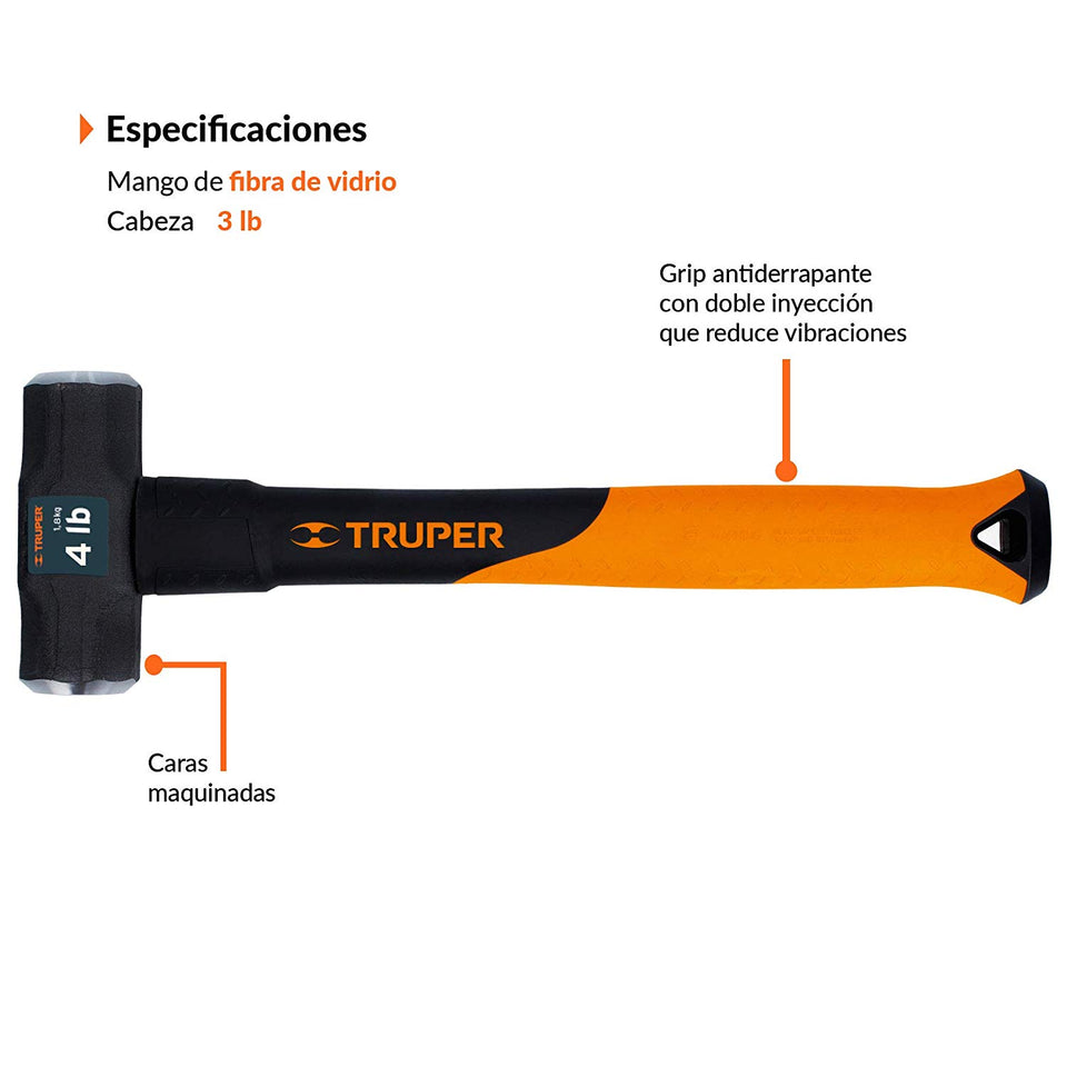 Truper MD-4F, Marro octagonal, mango de fibra de vidrio 14", 4 Lb